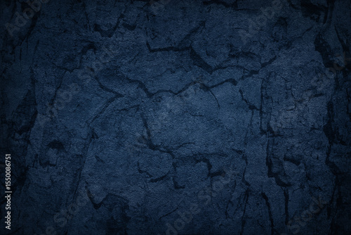 Texture of blue tree bark, trunk, coal, stone background. Dark wallpaper with rough cracked texture. Empty grunge wall concept, floor backdrop. Abstract surface mockup. Top view, close up, copy space