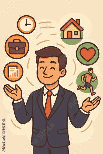 Work life balance concept. Businessman character juggling career, home, health, time and finance icons. Metaphor for harmony, multitasking and time management. Vector illustration.