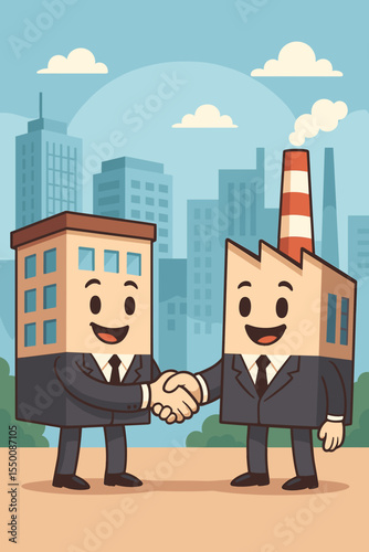 Corporate office building and industrial factory characters shaking hands. B2B partnership, business deal, and agreement concept. Metaphor for merger, collaboration or supply chain.