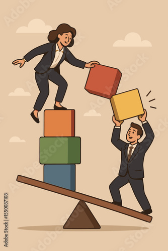 Business teamwork concept with partners balancing on a seesaw while building with blocks. Metaphor for cooperation, strategy, support, risk, and shared success. Vector illustration.