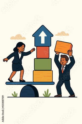 Teamwork and balance for business success. Man and woman collaborating on a seesaw, building with blocks. Metaphor for cooperative strategy, partnership, synergy, and growth.