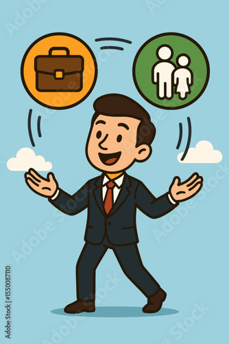 Work-life balance concept. Businessman juggling career and family. Man choosing between work and personal life. Harmony, well-being, success and time management metaphor. Vector.