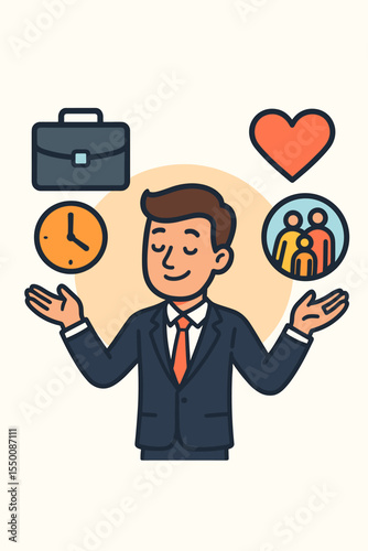 Work-life balance concept with a businessman juggling icons. Man managing priorities like career, time, family, and love. Vector illustration of harmony, choice, and fulfillment.