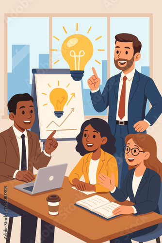 Diverse business team in office meeting brainstorming for new ideas. Colleagues collaborating on strategy for success and growth. Creative solution concept. Cartoon vector illustration.