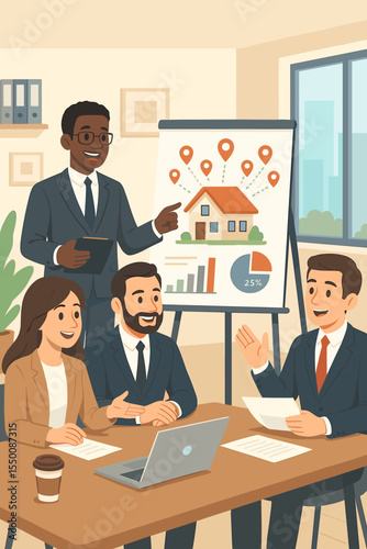 Real estate presentation about franchise sales strategy. Diverse business team in a meeting discussing property investment. Manager showing market data analysis on a flip chart.