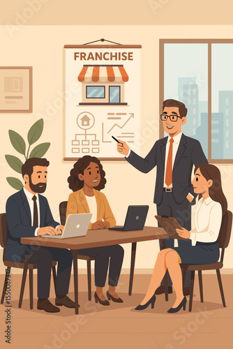 Business team meeting planning a franchise investment. Corporate speaker presenting growth strategy on a chart. People discussing partnership for a new small business opportunity.
