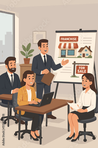 Business team at an office meeting discussing franchise opportunities. A manager or agent presents a real estate property and store for sale. Concept of investment and entrepreneurship.