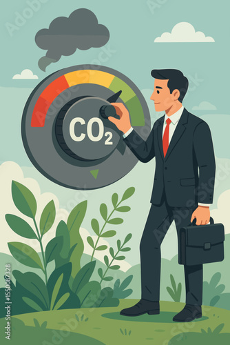 Businessman adjusting CO2 emissions control knob to reduce carbon dioxide footprint. Corporate sustainability and environmental protection concept. ESG, net zero, decarbonization goal.