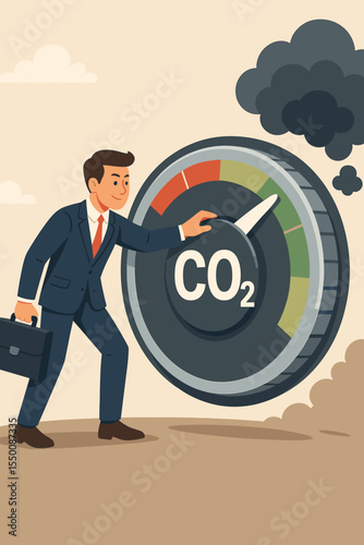 Businessman turning CO2 emissions control knob to reduce carbon dioxide. Concept of environmental protection, corporate sustainability, climate action, net zero, and ecology. Vector.