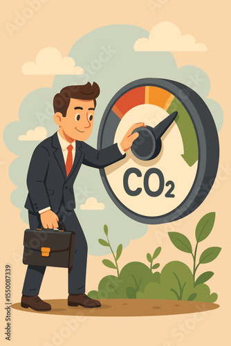 ESG and decarbonization concept. Businessman turns a knob to reduce CO2 emissions. Environmental sustainability, managing carbon footprint, climate action, and corporate green strategy.