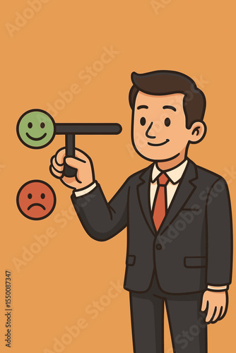 Businessman managing customer satisfaction. Man choosing happy smiley face on a feedback rating slider. Concept of excellent service review, business performance, client experience.