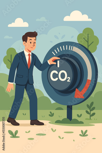 Businessman reducing CO2 emissions by adjusting a control knob. Carbon footprint reduction, climate action, environmental protection, ESG, and sustainability vector concept illustration.