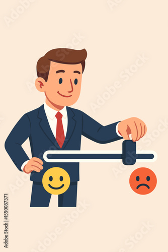 Businessman adjusting customer satisfaction rating slider from sad to happy emoticon. Concept of feedback, review, and user experience. Man controls service quality evaluation.
