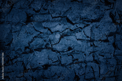 Texture of blue tree bark, trunk, coal, stone background. Dark wallpaper with rough cracked texture. Empty grunge wall concept, floor backdrop. Abstract surface mockup. Top view, close up, copy space