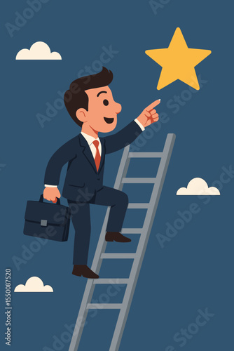 Businessman climbing a ladder to success, reaching for a star. A metaphor for career growth, ambition, and achieving aspirational goals. Vector cartoon business concept illustration.
