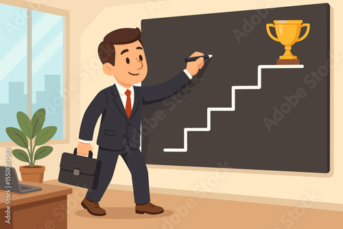 Businessman drawing stairs to success on a blackboard. Career growth concept with man reaching for trophy. Metaphor for achievement, strategy, ambition, and professional goal setting.