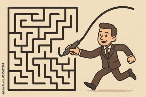 Creative businessman solving maze by drawing a line around it. Business metaphor for innovation, strategy, shortcut, overcoming obstacles, and thinking outside the box. Vector.