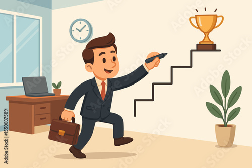 Entrepreneur creating path to success, drawing stairs to reach trophy in office, business growth, career development, achieving goals, vector illustration