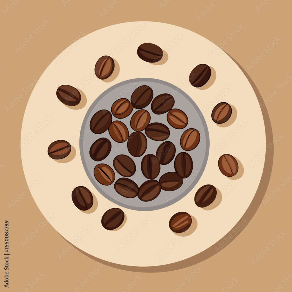 Obraz premium Overhead view of scattered coffee beans artfully arranged on a small saucer plate isolated on white background
