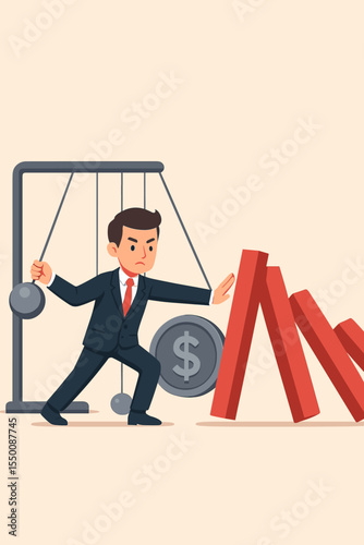 Businessman Stopping Domino Effect Crisis, Newton’s Cradle Finance Concept, Financial Risk Management, Preventing Economic Collapse, Crisis Intervention, Money Stability, Vector Illustration