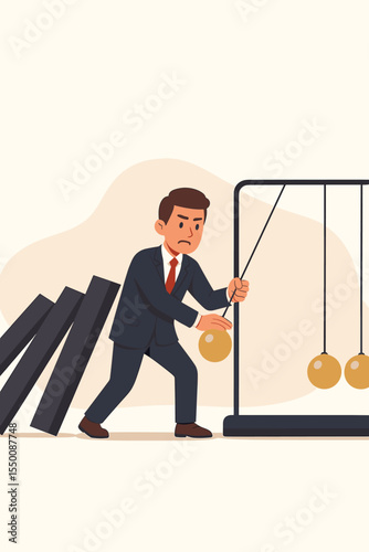 Businessman stopping domino effect with Newton’s cradle, concept risk management, intervention, financial crisis prevention, cause and effect, leadership decision, business control vector illustration