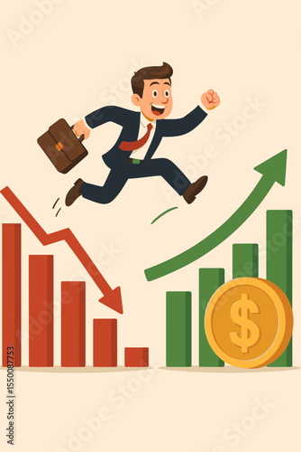 Successful businessman jumping over falling red graph to rising green chart. Investment growth, financial recovery, boost in profits, overcoming crisis. Cartoon vector illustration, money concept