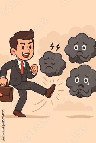 Businessman conquering negative emotions, beating stress, overcoming anxiety, cartoon vector concept, professional kicking away depression, cloud of worries, mental health resilience, motivation