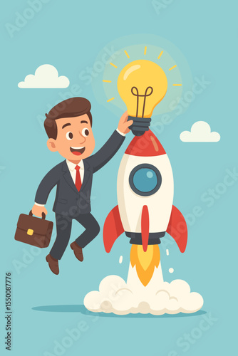 Businessman launches innovative startup idea with rocket and lightbulb. Entrepreneur holding briefcase, creativity, innovation, success concept. Cartoon vector business goal achievement illustration.