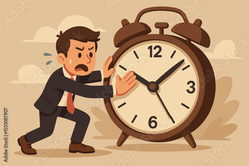 Stressed businessman pushing giant alarm clock, deadline pressure, time management struggle, procrastination concept, cartoon vector illustration, business urgency, late for meeting symbolism
