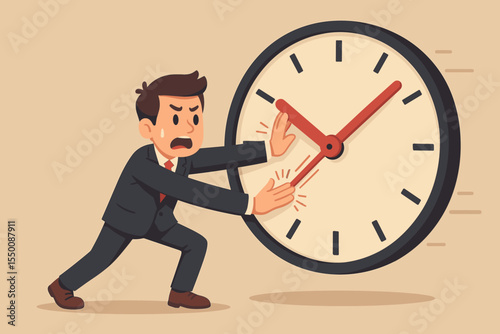 Stressed businessman stopping clock hands. Time management pressure. Beat the deadline. Overworked employee. Project urgency. Business stress metaphor. Late schedule vector illustration concept.