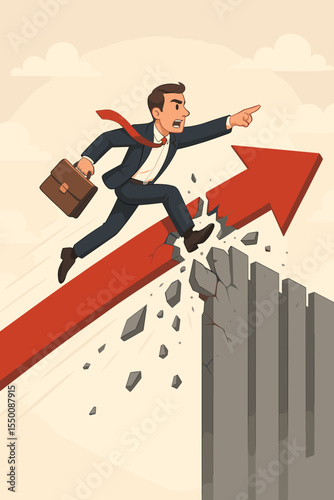 Determined Businessman Riding Upward Red Arrow Breaking Through Barriers, Overcoming Obstacles, Achieving Success, Leadership, Ambition, Business Growth Concept, Vector Cartoon Illustration