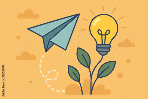 Creative Innovation Concept with Paper Airplane, Light Bulb Growing as Plant, Symbolizing Idea Growth, Imagination, Inspiration, Startup, Success, Leadership, Vision, Motivation, Business Strategy