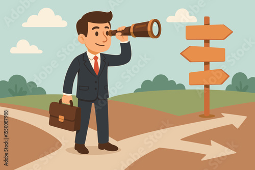 Businessman in Suit Using Spyglass at Crossroads Choosing Career Path, Decision Making, Leadership Vision, Business Direction, Opportunity Search, Strategic Planning, Vector Illustration