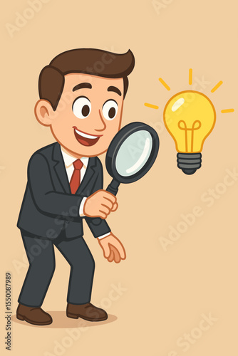 Cartoon businessman in suit analyzing idea with magnifying glass, light bulb innovation concept, searching for solutions, creative problem solving, startup inspiration, vector illustration