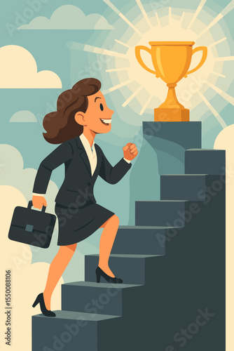 Ambitious businesswoman climbing stairs to golden trophy, symbolizing corporate success, achievement, leadership, professional growth, motivation, goal accomplishment, career advancement, ambition