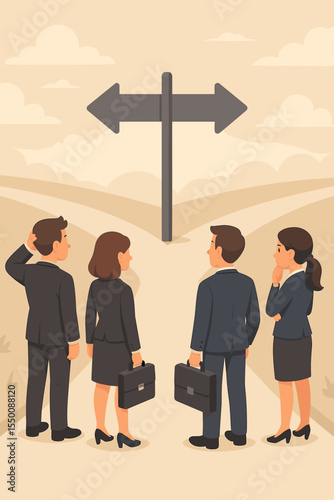 Business team crossroads decision. Group of businesspeople choosing direction. Concept leadership, uncertainty, strategic planning. Career choices, challenge, opportunity. Vector illustration
