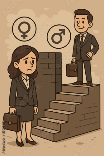 Gender inequality in business career advancement. Businesswoman faces discrimination, unequal opportunities, glass ceiling, career barriers, workplace sexism. Male privilege, corporate ladder concept