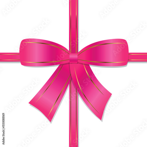 Illustration of pink lush satin bow with gold border and ribbons on transparent background. Vector illustration.