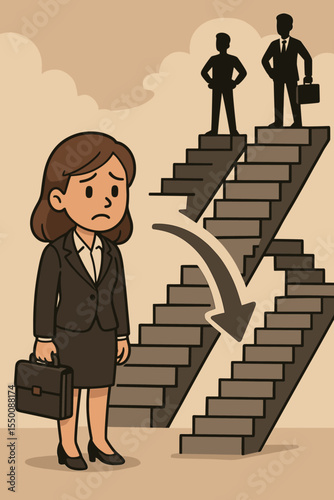 Gender discrimination in workplace. Businesswoman facing glass ceiling, unequal career opportunities, inequality in promotion, career ladder, gender bias, office hierarchy. Vector illustration