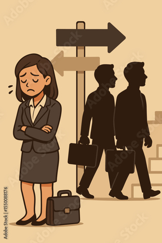 Businesswoman Facing Gender Discrimination and Career Inequality in Workplace, Concept of Unequal Opportunities, Job Bias, Corporate Barriers, Sexism, Cartoon Vector Illustration, Business Metaphor