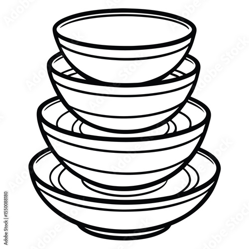 Charming vintage style arrangement of stacked ceramic bowls isolated on white background