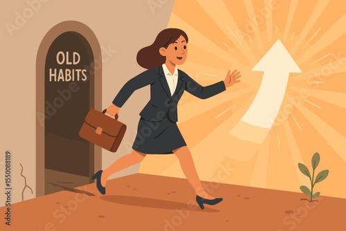 Businesswoman breaking old habits, stepping out of comfort zone, embracing growth, positive change, new direction, motivation, success, upward career path, vector illustration concept