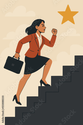 Ambitious businesswoman climbing career ladder, achieving professional success, empowerment in workplace, leadership, motivation, ambition, goal achievement, vector cartoon illustration