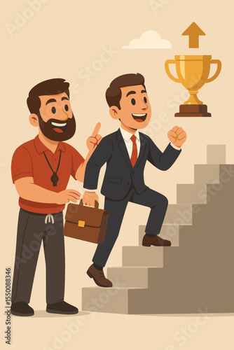 Business coach motivating professional businessman to climb stairs toward success, career growth, corporate achievement, leadership development, promotion, and trophy reward concept illustration