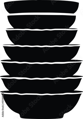 Arrangement of stacked vintage style ceramic bowls isolated on white background