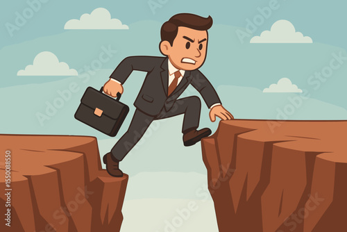 Businessman Leaping Over Cliff Gap with Briefcase, Overcoming Challenges, Business Success Growth Concept, Risk Taking, Courage, Determination, Achievement, Vector Cartoon Illustration