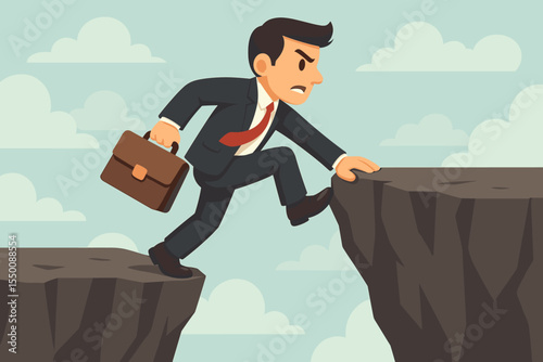 Businessman Leaping Over Gap with Briefcase, Overcoming Obstacles, Conquering Challenges, Success Journey, Ambition, Leadership, Climbing Mountain, Career Growth, Vector Cartoon Illustration