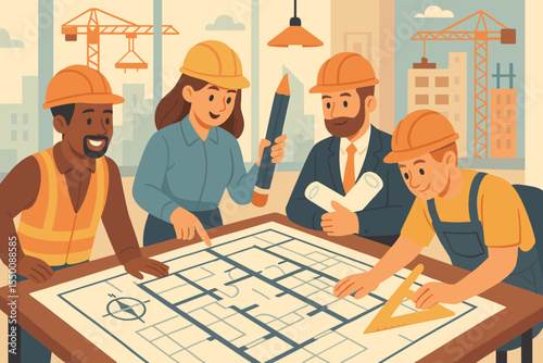 Diverse construction team collaborating on architectural blueprint, planning building project, discussing design strategy, engineers and architects in hard hats, modern office, city cranes background