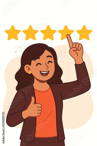 Five star customer feedback review concept. Businesswoman giving five star rating and thumbs up. Client satisfaction, positive testimonial, excellent service experience. Flat vector illustration.