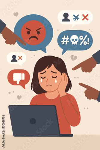 Cyberbullying sad girl online harassment social media abuse victim. Pointing hands negative comments dislike angry face depression mental health issue. Bullying stress emoji illustration